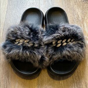 Brand New Faux Fur Slide Sandals with Rhinestone Detail